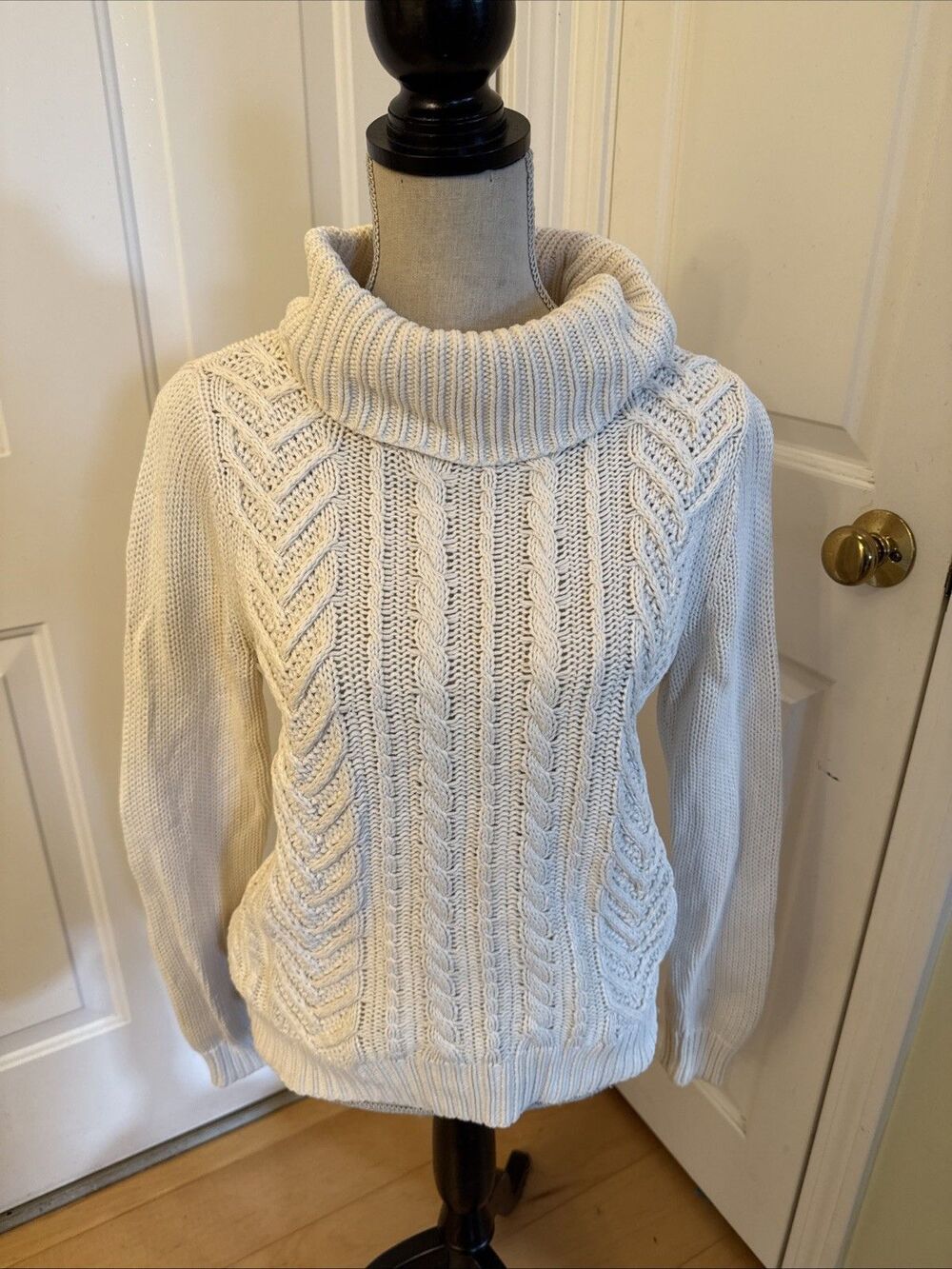 FISHERMAN CORE Lands End Drifter Ivory Turtleneck Sweater Cable Knit Size M